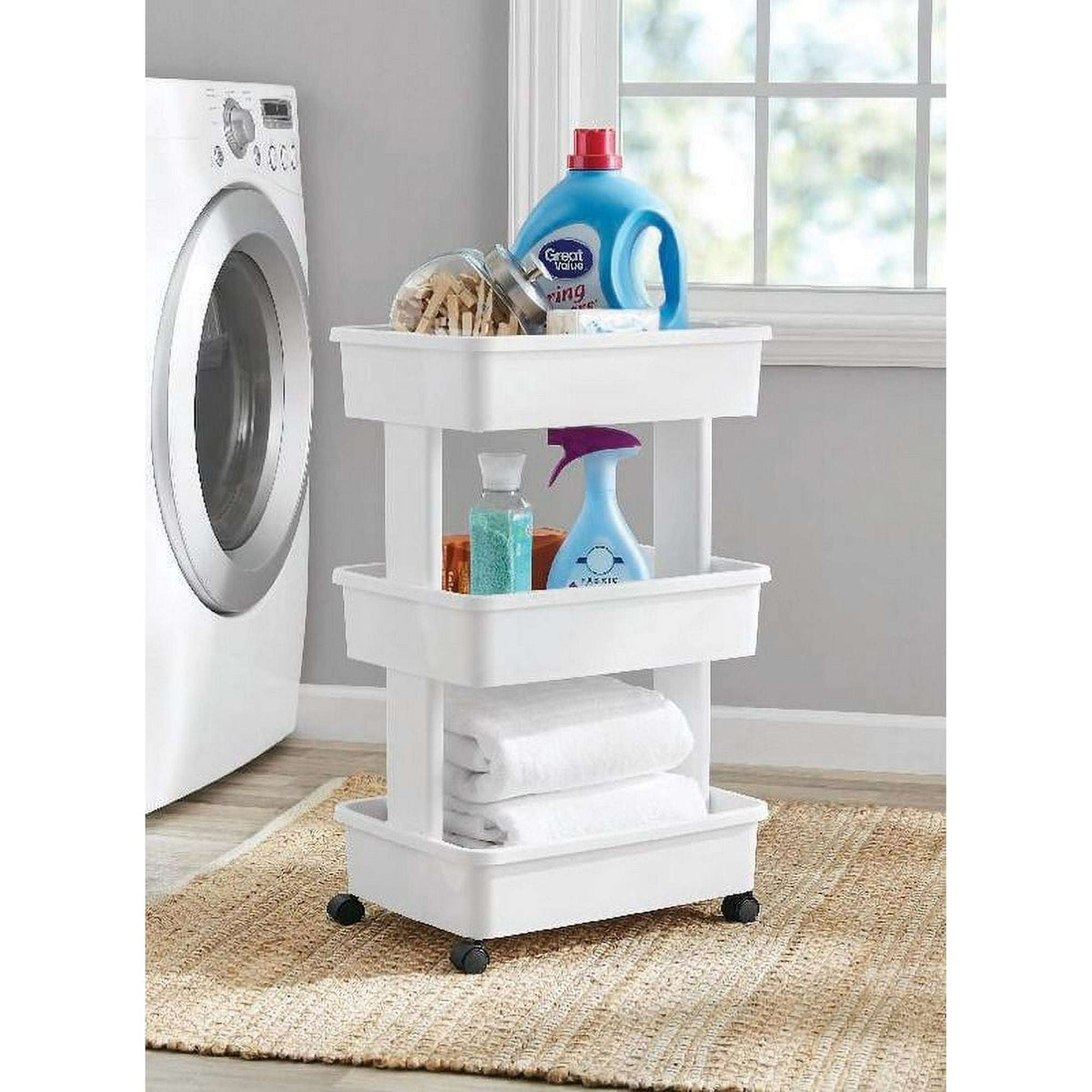 Mainstays 3-Tier Plastic Rolling Laundry Cart, Arctic White