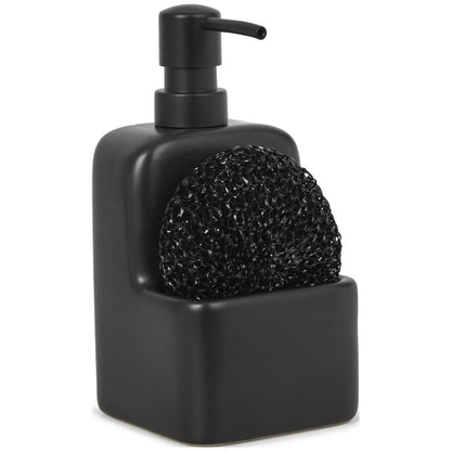 Mainstays Ceramic Kitchen Soap Dispenser with Pump and Sponge Holder, Sink Caddy Organizer for Dish Soap, Sponge and Cleaning Supplies, Black