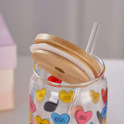 Mainstays Glass 20 oz Can Sipper Colorful Heart Conversation, 2 Pack