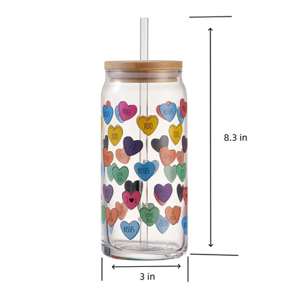 Mainstays Glass 20 oz Can Sipper Colorful Heart Conversation, 2 Pack