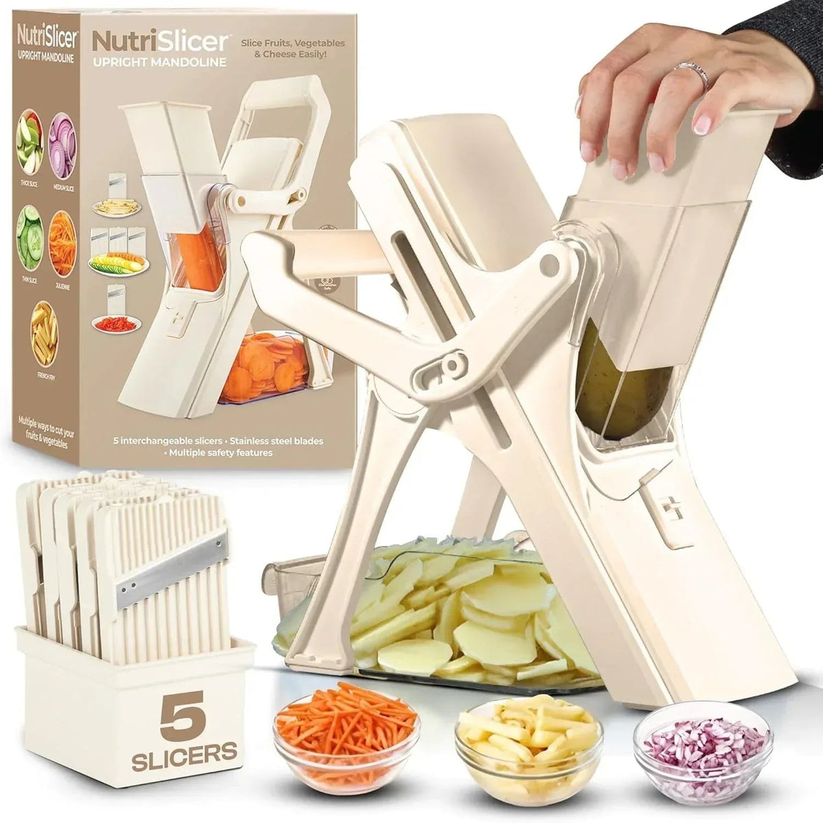 Emson Mandoline Slicer for Kitchen, All in 1 Mandolin Slicer for Food Works as Potato Slicer, Vegetable Slicer, Mandoline Food Slicer, French Fry Cutter with 5 Blades and Storage Container, Gray