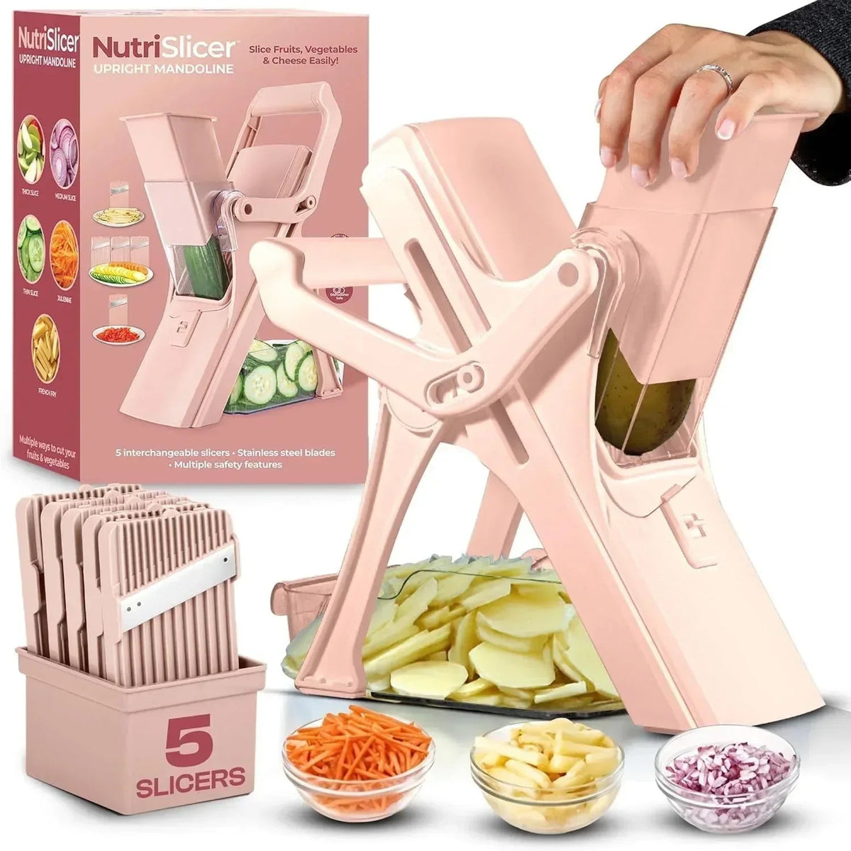 Emson Mandoline Slicer for Kitchen, All in 1 Mandolin Slicer for Food Works as Potato Slicer, Vegetable Slicer, Mandoline Food Slicer, French Fry Cutter with 5 Blades and Storage Container, Gray