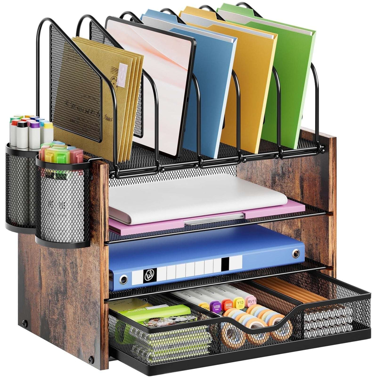 Marbrasse Desk Organizer with Drawer, 4-Tier Mesh Desk File Organizer with 5 Vertical File Holders and 2 Pen Holders, Multifunction Desktop Organizer,Desk Organizers and Accessories for Home Office