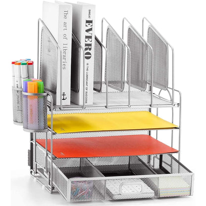 Marbrasse Desk Organizer with Drawer, 4-Tier Mesh Desk File Organizer with 5 Vertical File Holders and 2 Pen Holders, Multifunction Desktop Organizer,Desk Organizers and Accessories for Home Office