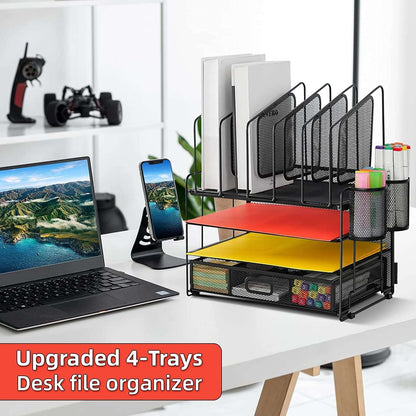 Marbrasse Desk Organizer with Drawer, 4-Tier Mesh Desk File Organizer with 5 Vertical File Holders and 2 Pen Holders, Multifunction Desktop Organizer,Desk Organizers and Accessories for Home Office