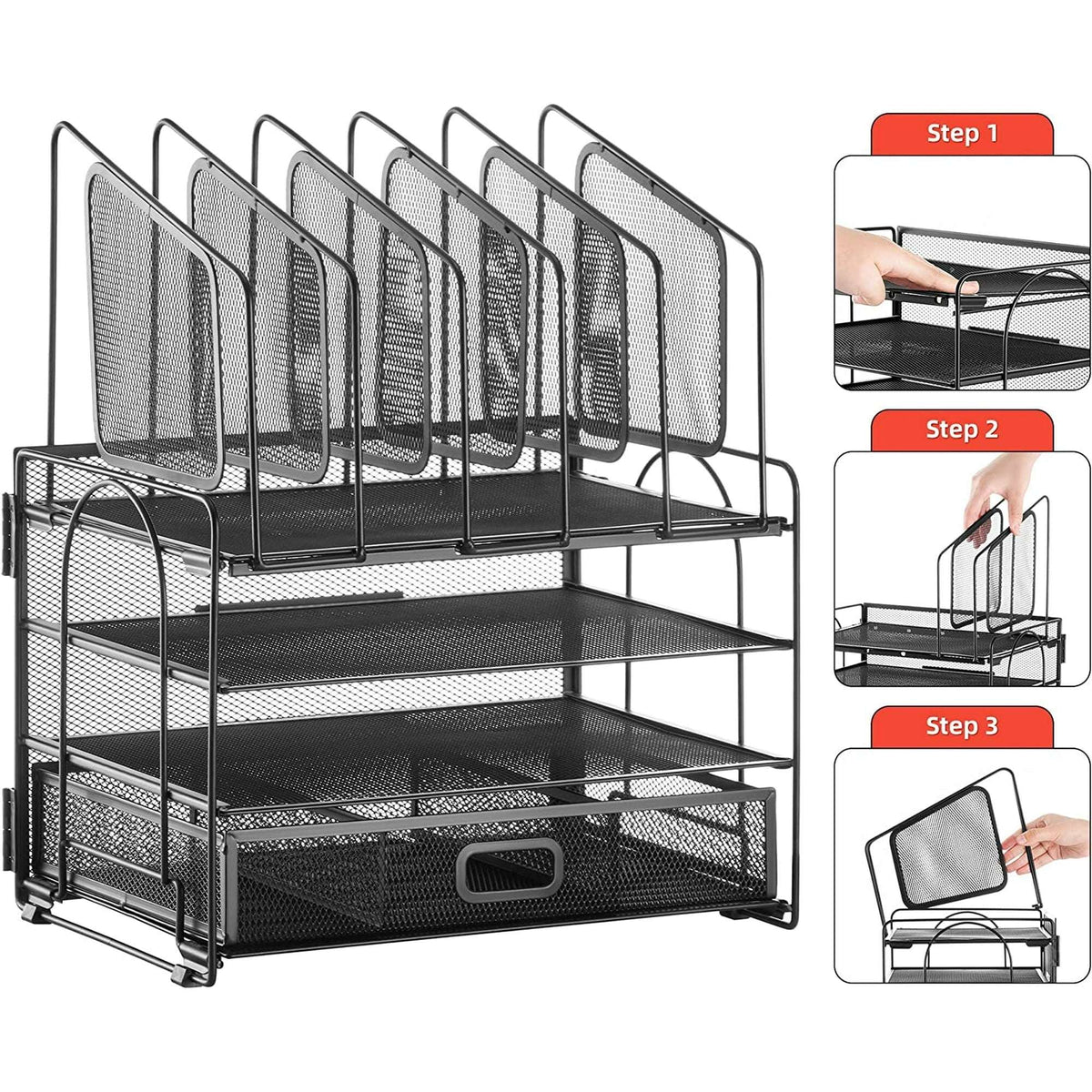 Marbrasse Desk Organizer with Drawer, 4-Tier Mesh Desk File Organizer with 5 Vertical File Holders and 2 Pen Holders, Multifunction Desktop Organizer,Desk Organizers and Accessories for Home Office