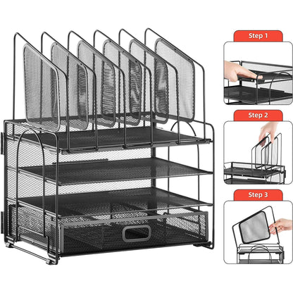 Marbrasse Desk Organizer with Drawer, 4-Tier Mesh Desk File Organizer with 5 Vertical File Holders and 2 Pen Holders, Multifunction Desktop Organizer,Desk Organizers and Accessories for Home Office
