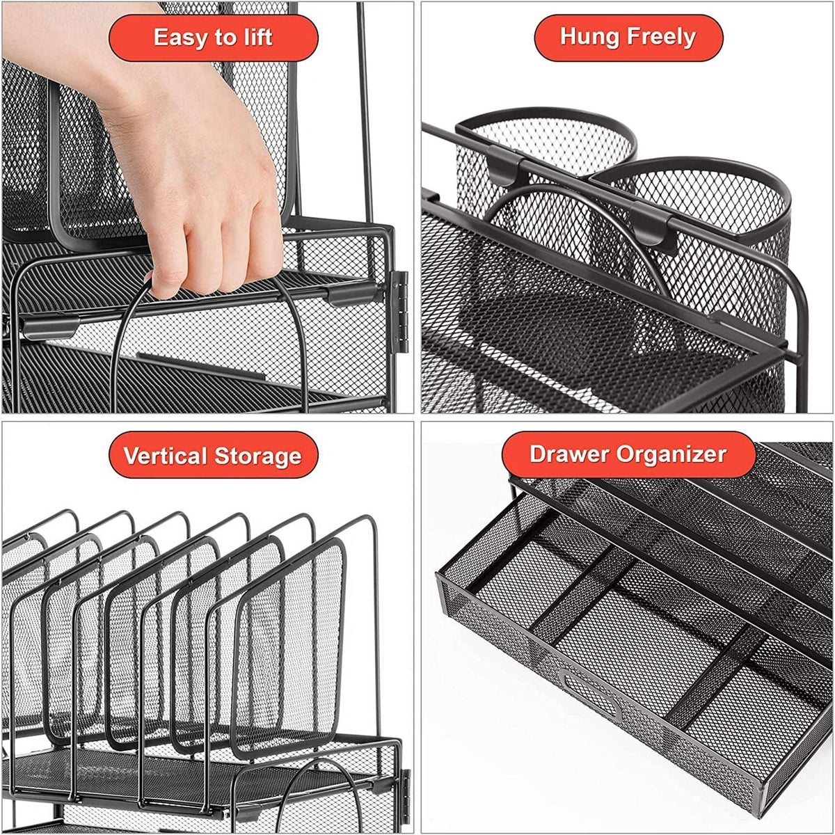 Marbrasse Desk Organizer with Drawer, 4-Tier Mesh Desk File Organizer with 5 Vertical File Holders and 2 Pen Holders, Multifunction Desktop Organizer,Desk Organizers and Accessories for Home Office