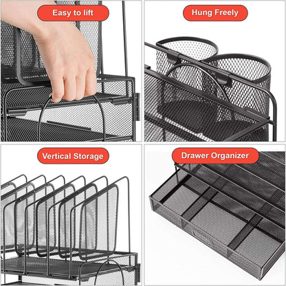 Marbrasse Desk Organizer with Drawer, 4-Tier Mesh Desk File Organizer with 5 Vertical File Holders and 2 Pen Holders, Multifunction Desktop Organizer,Desk Organizers and Accessories for Home Office