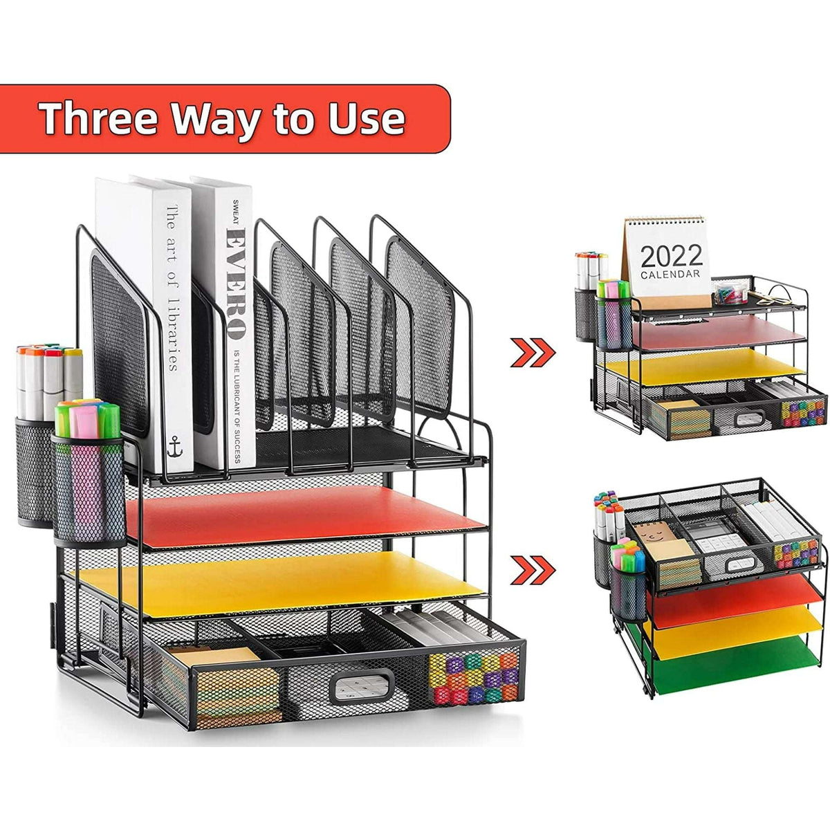 Marbrasse Desk Organizer with Drawer, 4-Tier Mesh Desk File Organizer with 5 Vertical File Holders and 2 Pen Holders, Multifunction Desktop Organizer,Desk Organizers and Accessories for Home Office