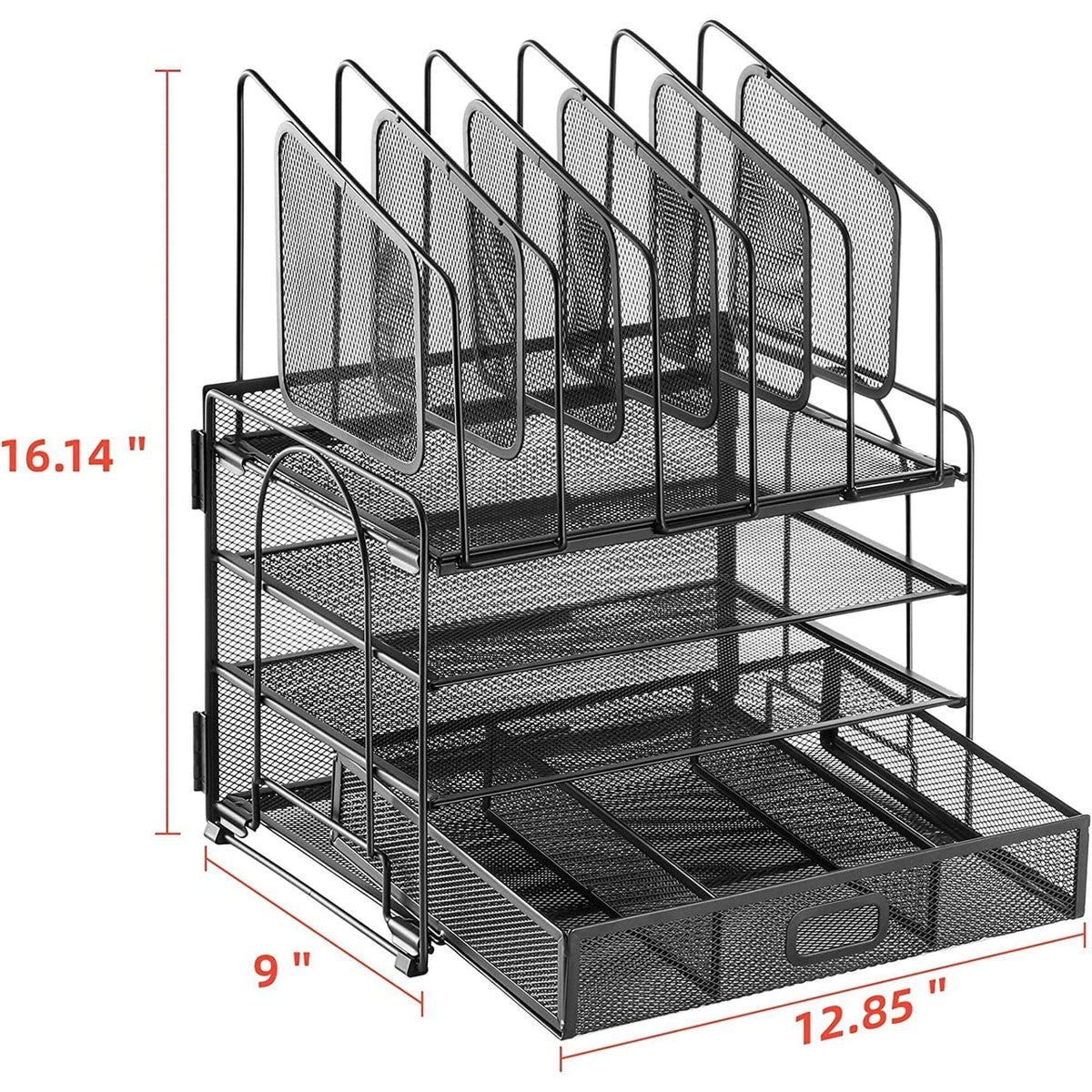 Marbrasse Desk Organizer with Drawer, 4-Tier Mesh Desk File Organizer with 5 Vertical File Holders and 2 Pen Holders, Multifunction Desktop Organizer,Desk Organizers and Accessories for Home Office