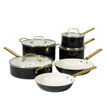 Martha Stewart 10-Piece Nonstick Pots and Pans Cookware Set with Gold Handles, Taupe