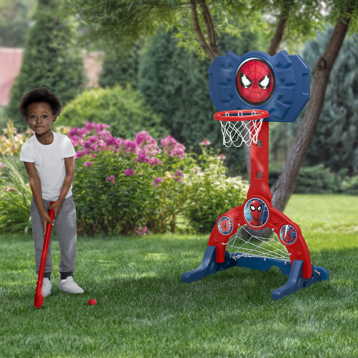 Marvel Spider-Man 4-in-1 Sports Center – Adjustable Basketball Hoop, Soccer/Hockey Net & Golf, Red