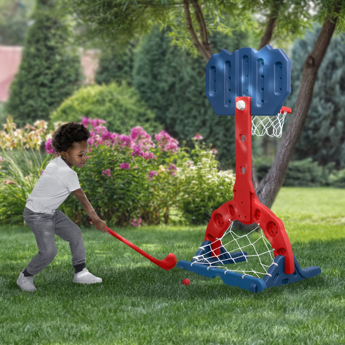 Marvel Spider-Man 4-in-1 Sports Center – Adjustable Basketball Hoop, Soccer/Hockey Net & Golf, Red