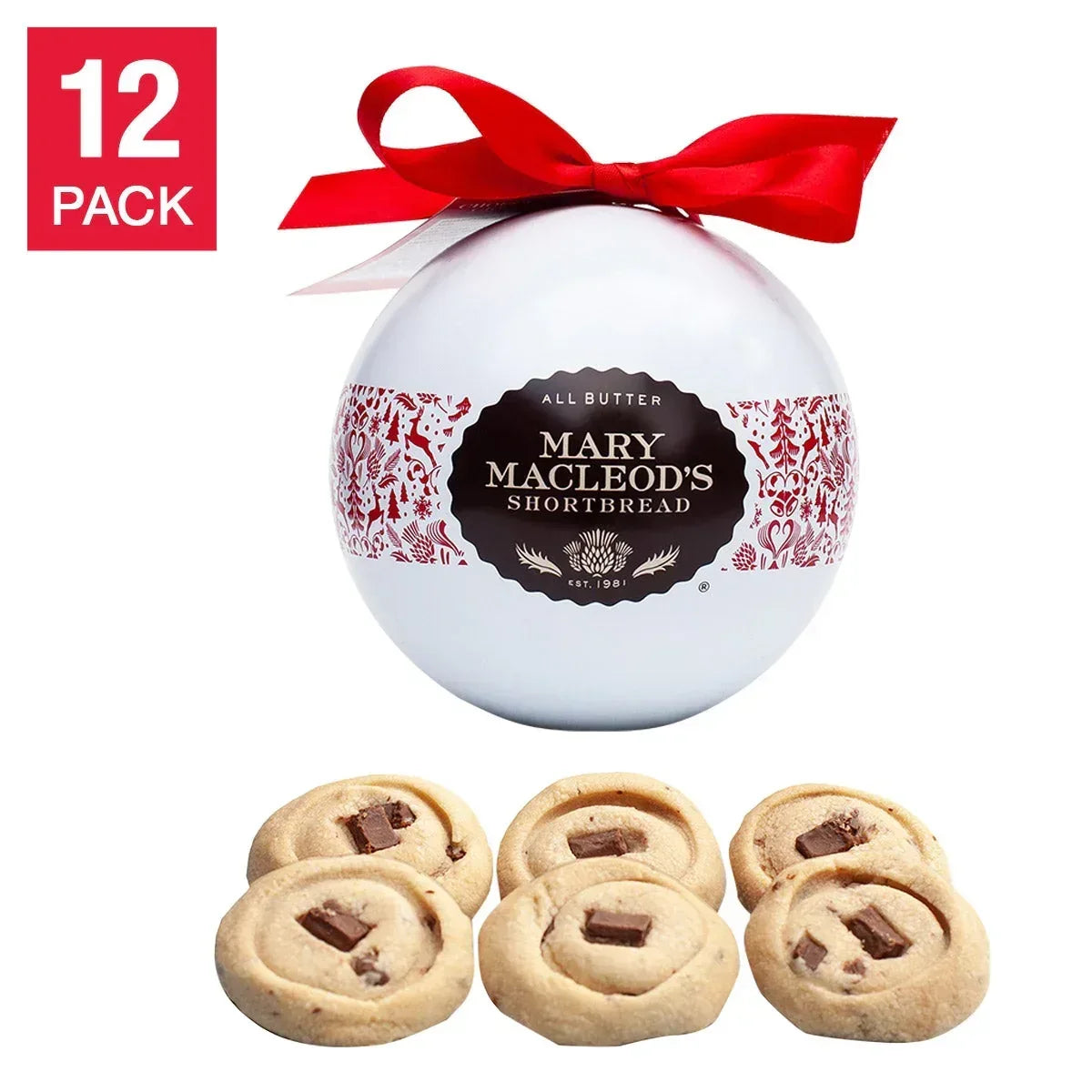 Mary Macleod's Holiday Ornament Tin of Chocolate Crunch Shortbread Cookies, 12 Oranament Tins, 72 Cookies Total