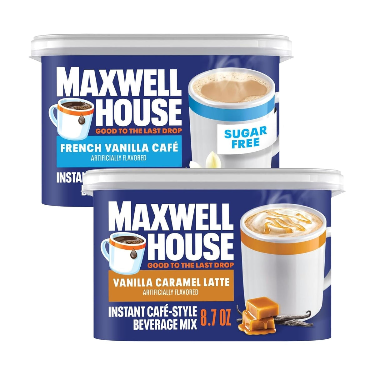 Maxwell House Vanilla Caramel Latte Mix, 8.7 oz + French Vanilla Café-Style Instant Coffee Beverage Mix, 4.3 oz, (Variety Pack)