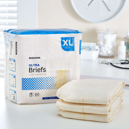McKesson Ultra Incontinence Briefs - Absorbent, Disposable, Unisex - XL, 15 Count, 4 Packs, 60 Total