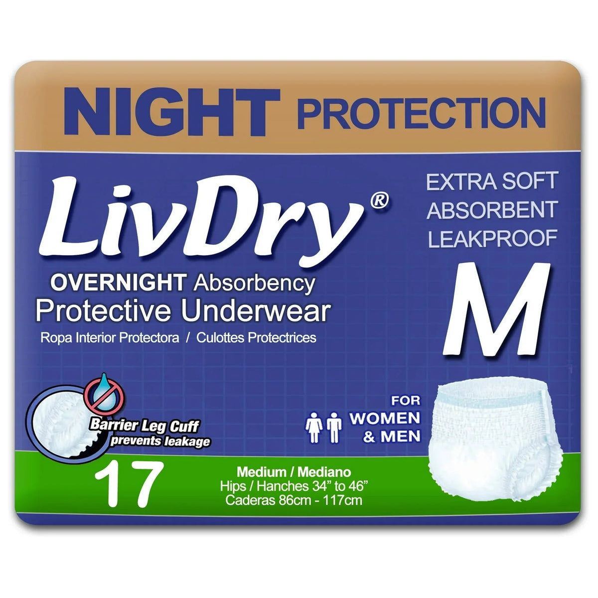 LivDry Overnight Adult Diapers for Women and Men, Max Protection Incontinence Underwear