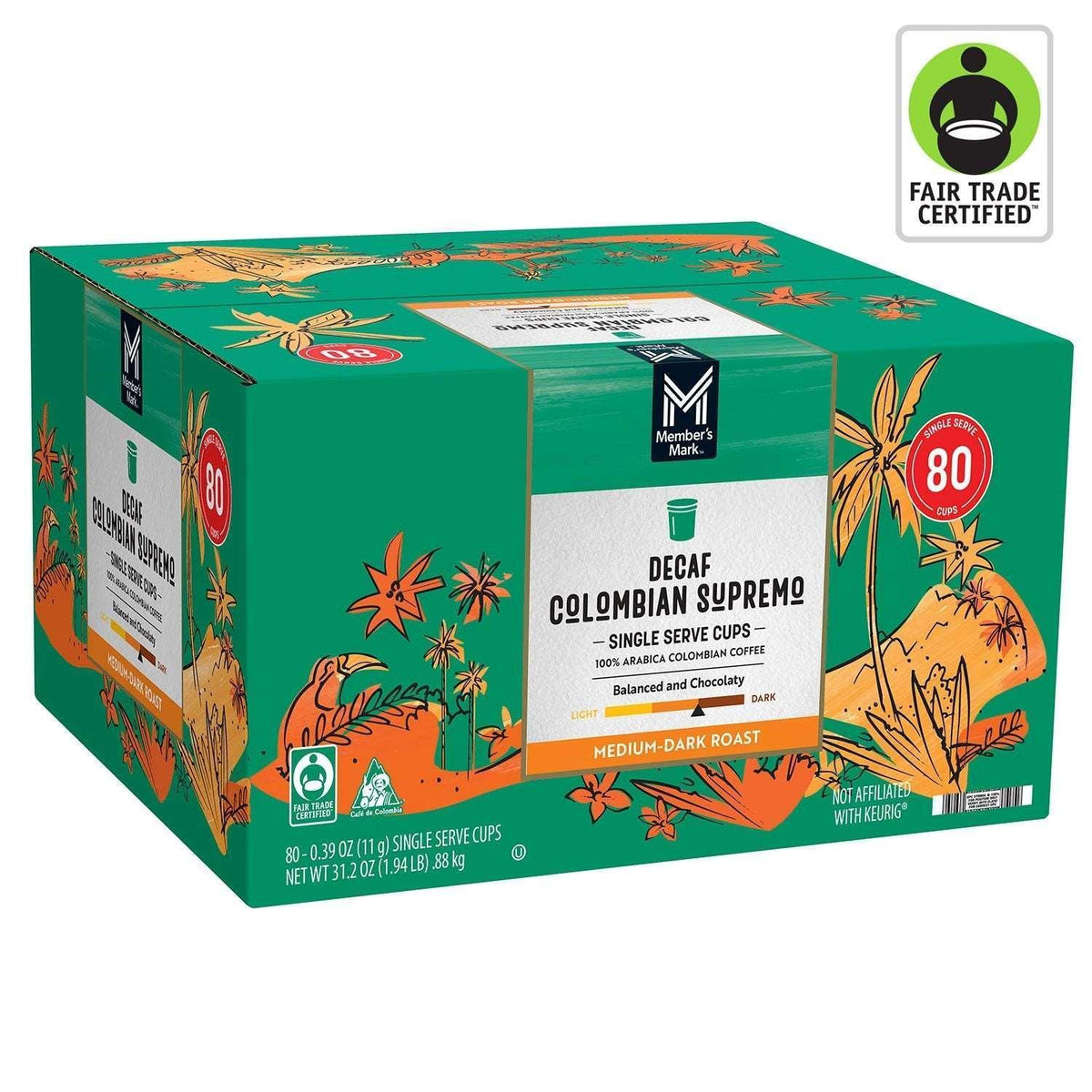 Member's Mark Decaf Medium-Dark Roast Coffee Pods, Colombian Supremo, 80 ct.