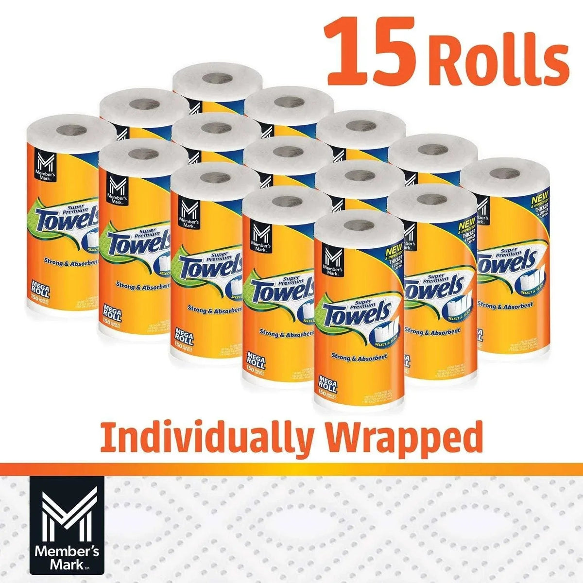 Member's Mark Super Premium 2-Ply Select & Tear Paper Towels 150 sheets/roll, 15 rolls