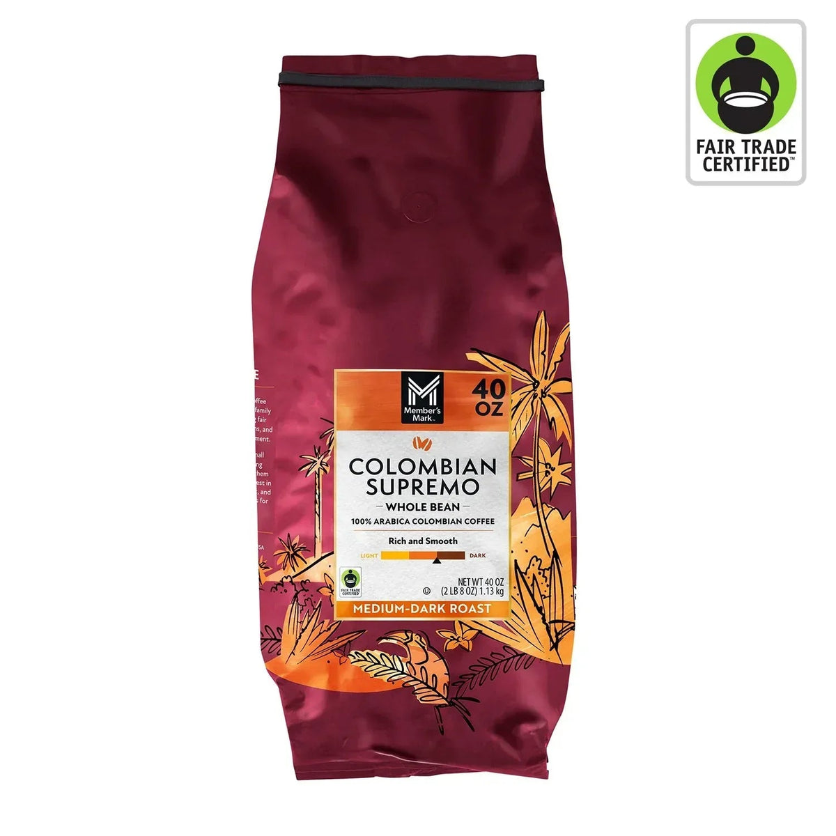 Member's Mark Medium-Dark Roast Whole Bean Coffee, Colombian Supremo, 40 oz.