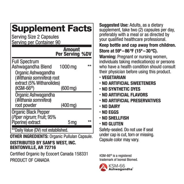 Member’s Mark Organic Ashwagandha 1000 mg Vegetarian Capsules, 180 ct.