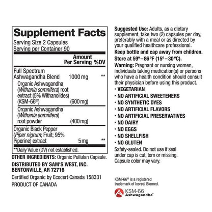 Member’s Mark Organic Ashwagandha 1000 mg Vegetarian Capsules, 180 ct.