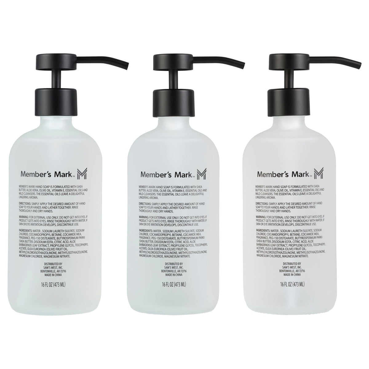 Member's Mark Variety Pack Hand Soap with Refillable Glass Dispensers, 3 Pack, 16 oz. each