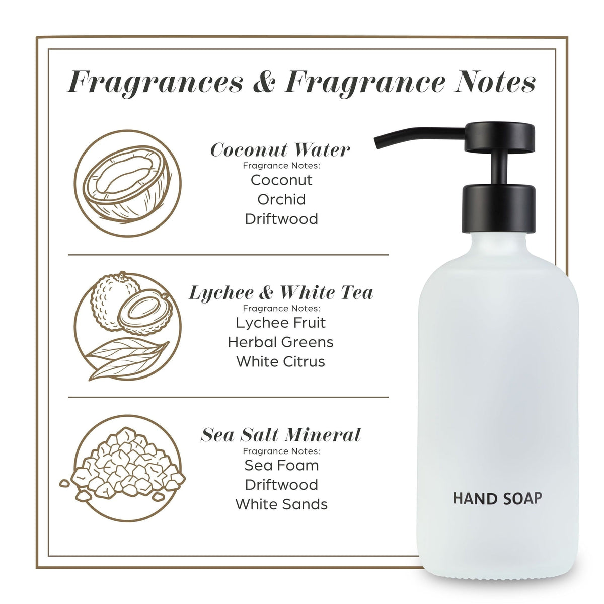 Member's Mark Variety Pack Hand Soap with Refillable Glass Dispensers, 3 Pack, 16 oz. each