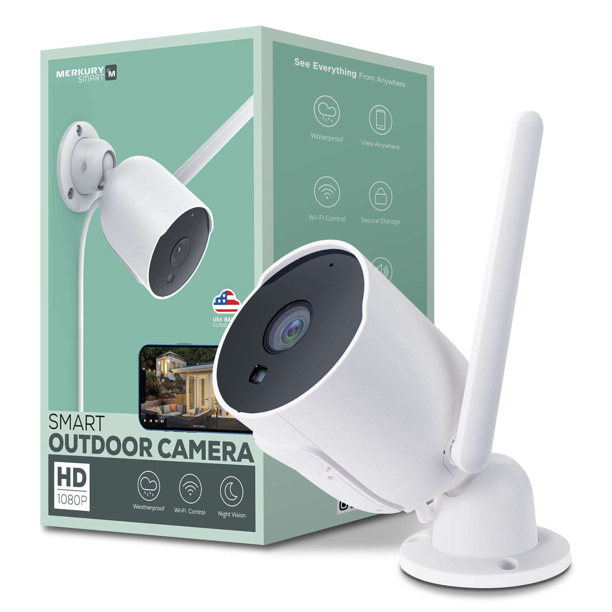 Merkury Smart Outdoor Camera 1080p – Weatherproof Security Camera with Night Vision, White (1-Pack)
