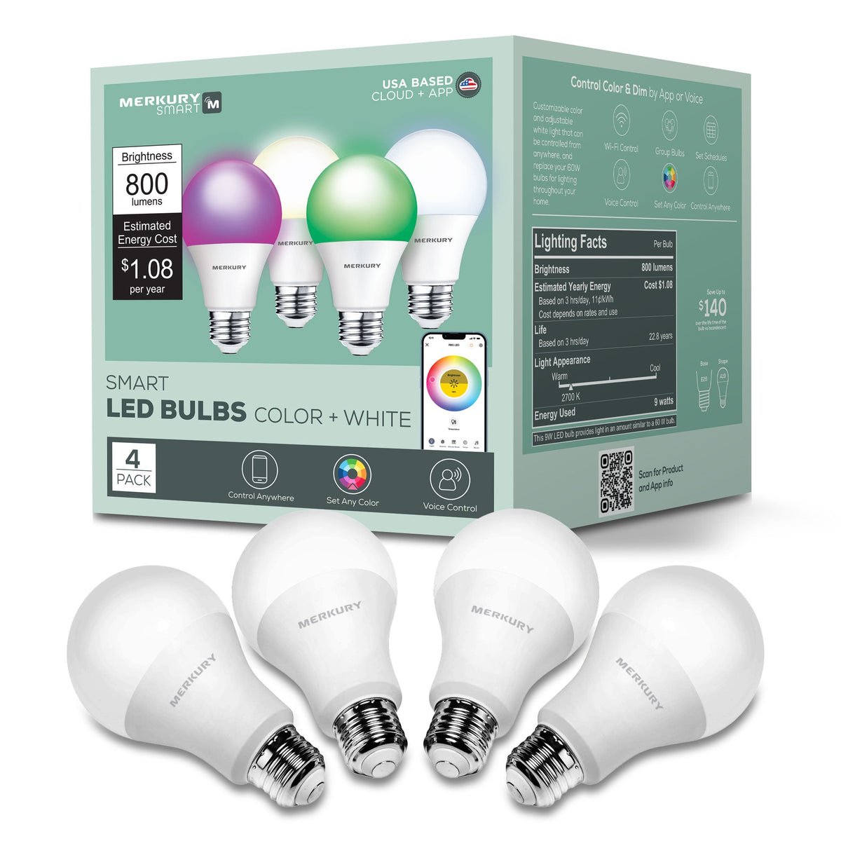 Merkury Smart LED Bulbs - 9W (60W Eqv) RGBW Dimmable A19 Light, E26 Base (4-Pack)
