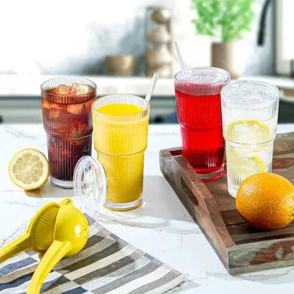 Mesa Ribbed 20 oz. Glass Cups with Lids and Straw, 4-pack