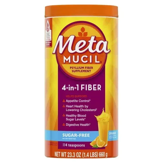 Metamucil Sugar-Free Fiber Supplement Powder for Daily Digestive Health, Orange Flavor, 30 Servings