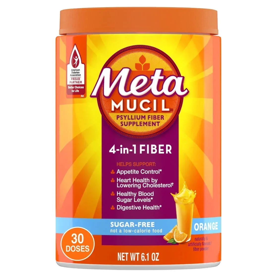 Metamucil Sugar-Free Fiber Supplement Powder for Daily Digestive Health, Orange Flavor, 30 Servings