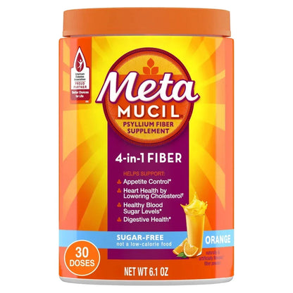 Metamucil Sugar-Free Fiber Supplement Powder for Daily Digestive Health, Orange Flavor, 30 Servings