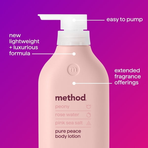 Method Body Lotion, Pure Peace, Rose Water, Peonies + Pink Sea Salt notes, 24 Hours of Moisture, 14 oz (PACK OF 3 )