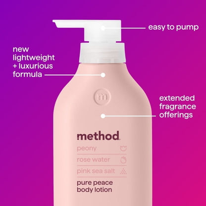 Method Body Lotion, Pure Peace, Rose Water, Peonies + Pink Sea Salt notes, 24 Hours of Moisture, 14 oz (PACK OF 3 )