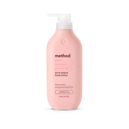 Method Body Lotion, Pure Peace, Rose Water, Peonies + Pink Sea Salt notes, 24 Hours of Moisture, 14 oz (PACK OF 3 )