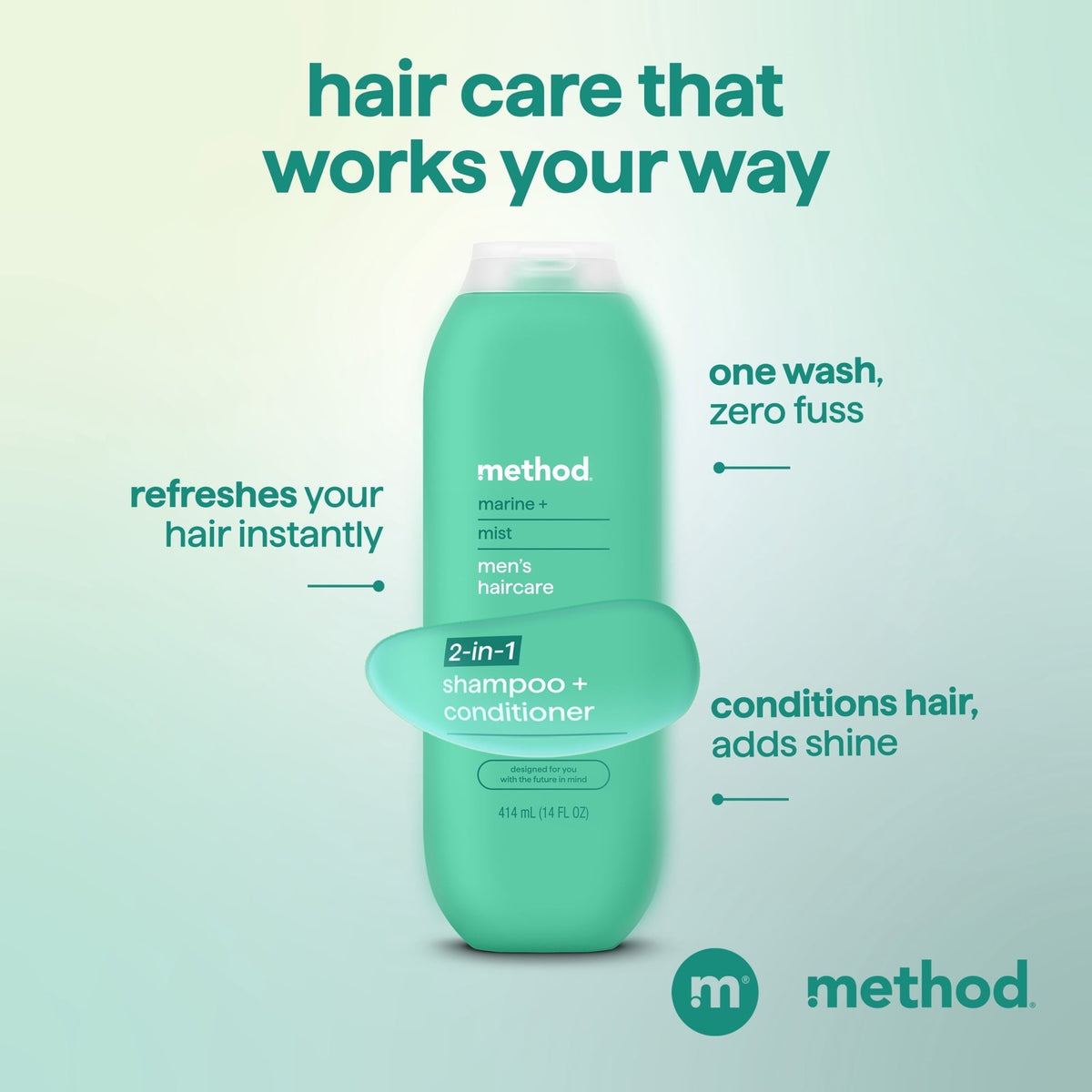 Method Men 2-in-1 Shampoo and Conditioner, Marine + Mist - Cleans and Conditions with Argan and Jojoba Oil - Made without Parabens - 14 oz