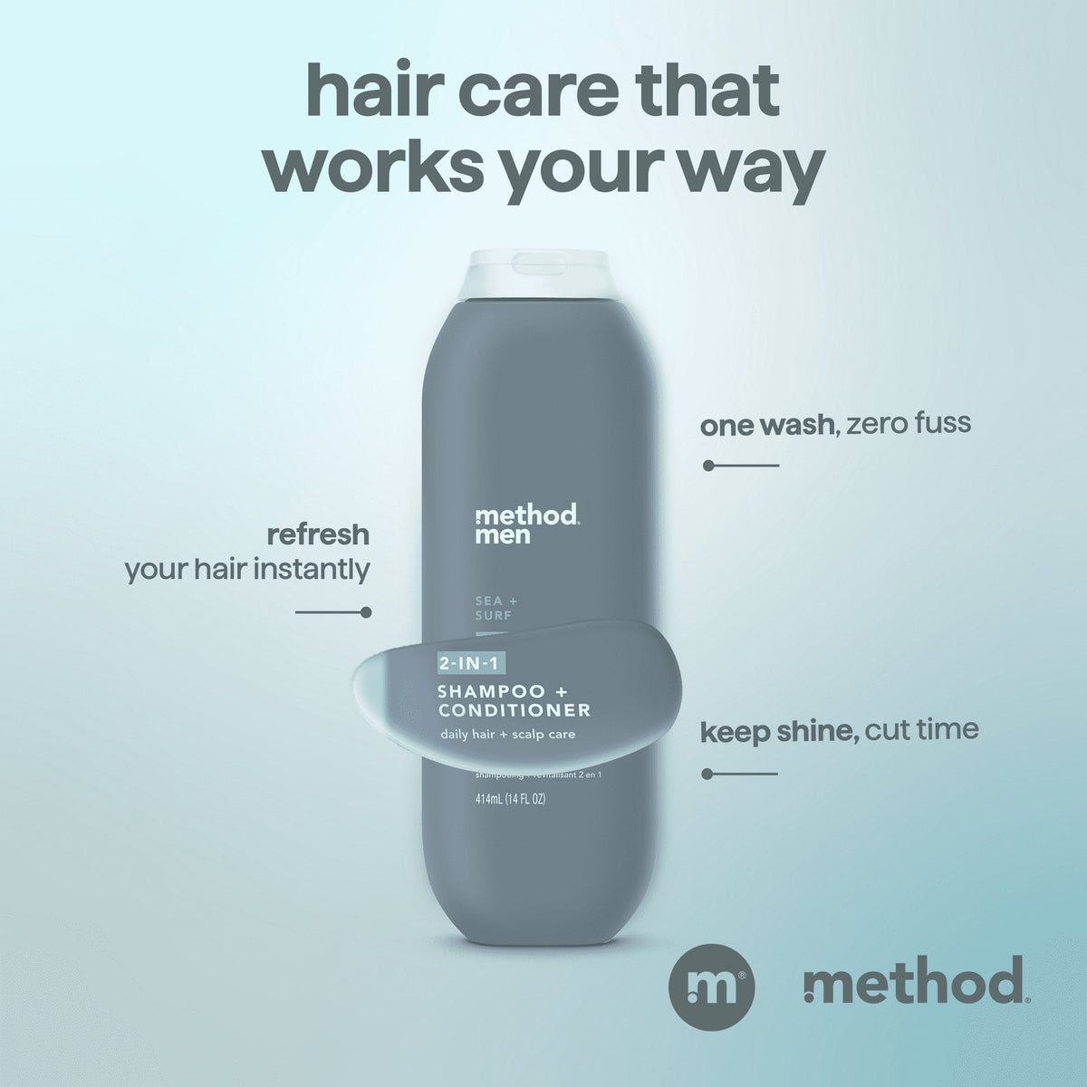Method Men 2-in-1 Shampoo and Conditioner, Sea + Surf - Cleans and Conditions with Argan and Jojoba Oil - Made without Parabens - 14 oz