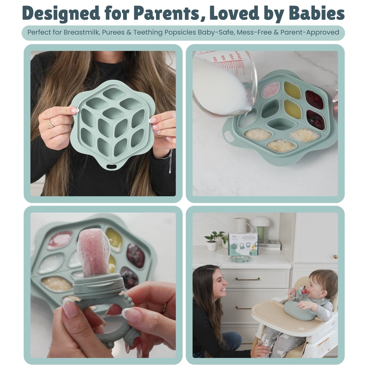 Minie Joo Baby Fruit Feeder, Adjustable Bib, and Breastmilk Popsicle Molds for Teething Relief-3 Pacifier Sizes