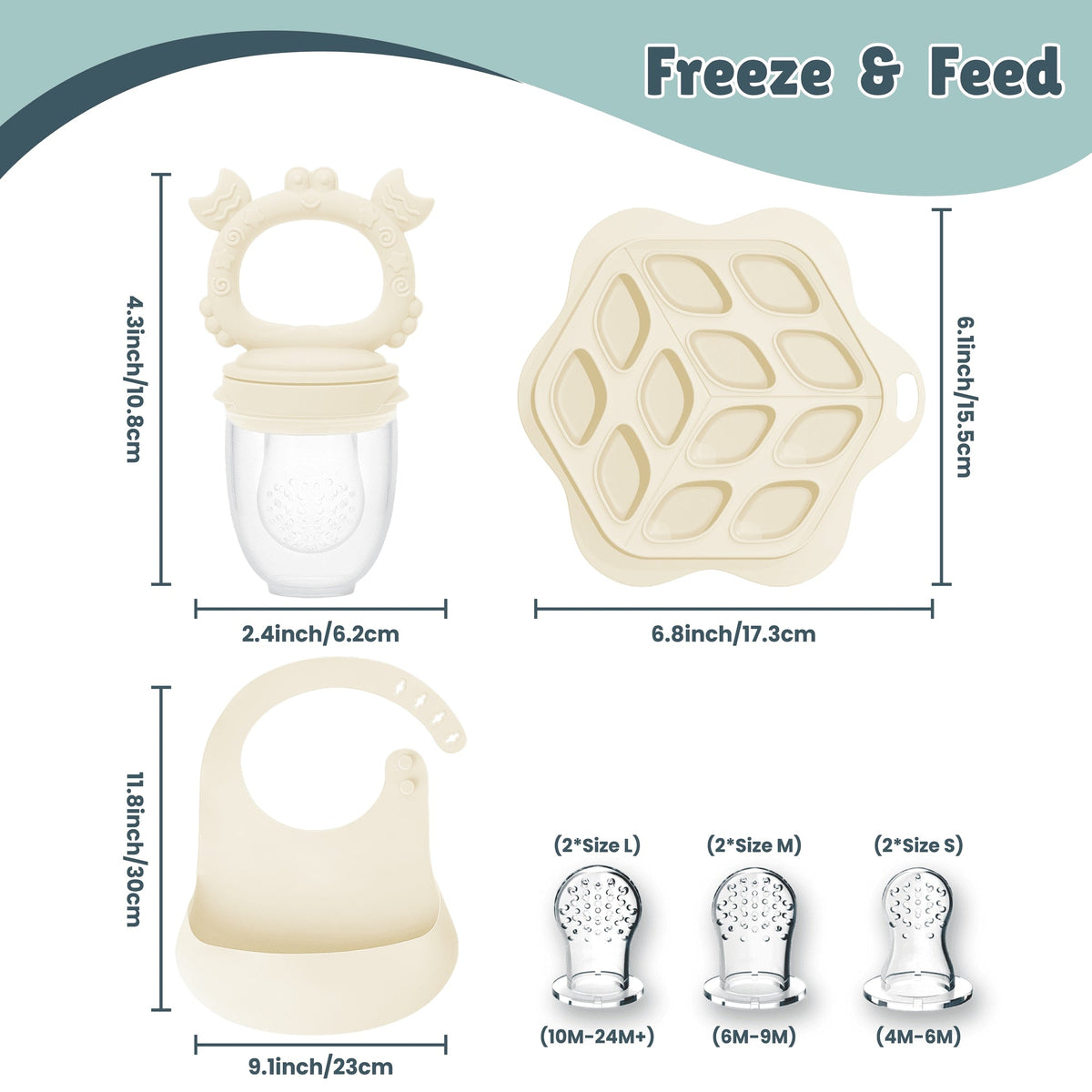 Minie Joo Baby Fruit Feeder, Adjustable Bib, and Breastmilk Popsicle Molds for Teething Relief-3 Pacifier Sizes