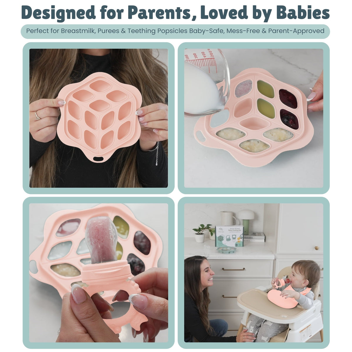 Minie Joo Baby Fruit Feeder, Adjustable Bib, and Breastmilk Popsicle Molds for Teething Relief-3 Pacifier Sizes
