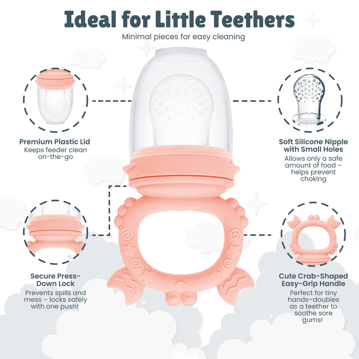 Minie Joo Baby Fruit Feeder, Adjustable Bib, and Breastmilk Popsicle Molds for Teething Relief-3 Pacifier Sizes