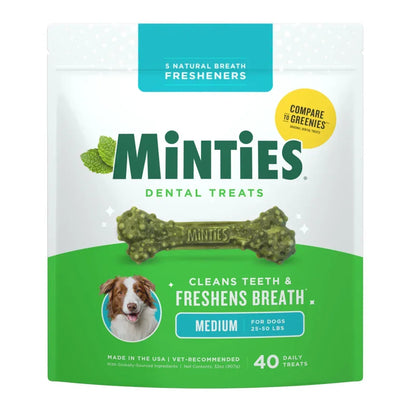 Minties Dental Bone Treats, Chews for Medium Dogs over 40 lbs, 20 Count, 16 oz, Shelf-Stable