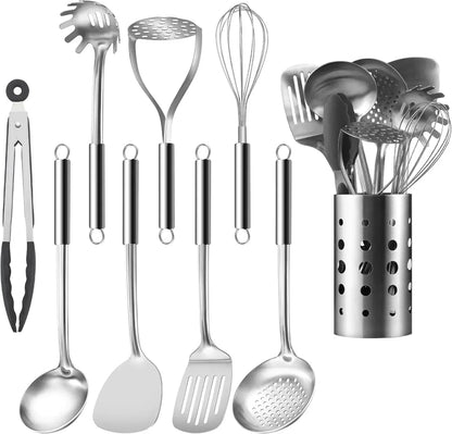 Mirdinner Cooking Utensils Set, 9 Pcs Stainless Steel Kitchen Utensils Set, Kitchen Tools Set, Spatula Sets w Utensil Holder, Wok Spatula,Ladle,Egg Whisk,Non-Stick And Heat Resistant, Dishwasher Safe