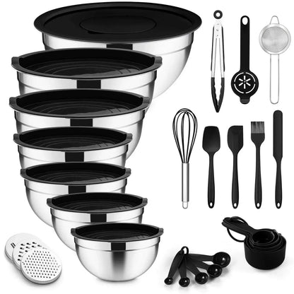 Mixing Bowls with Lids Set of 5, Vesteel Stainless Steel Mixing Bowls Metal Nesting Salad Bowls, Size 4.5, 3, 1.5, 1, 0.7 QT Great for Cooking, Baking, Serving - Blue