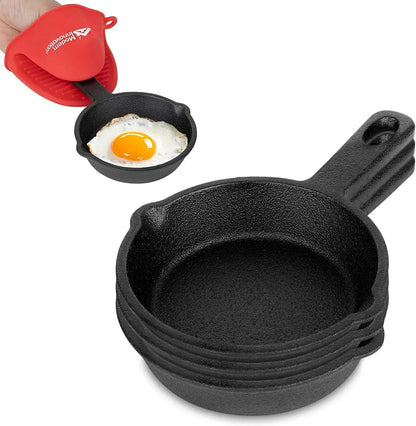 Modern Innovations Mini Black Cast Iron Skillet Set with Silicone Mitt (4 Count) - 3.5 Inch Pans, Pre Seasoned Small Skillets for Baked Cookie/Brownie or Cooked Eggs