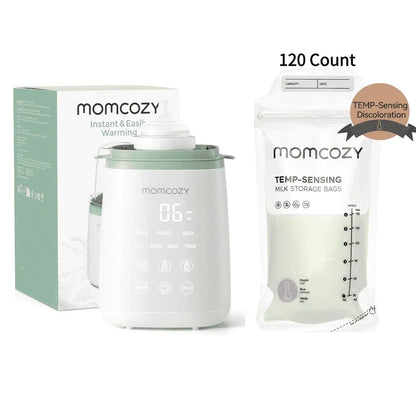 Momcozy Baby Bottle Warmer, 6-in-1 Smart Temperature Control, Fast Baby Food Heater, Steam Sterilizer & Momcozy Breastmilk Storage Bags, Temp-Sensing Discoloration Milk Storage Bags, 180ml/120 Count