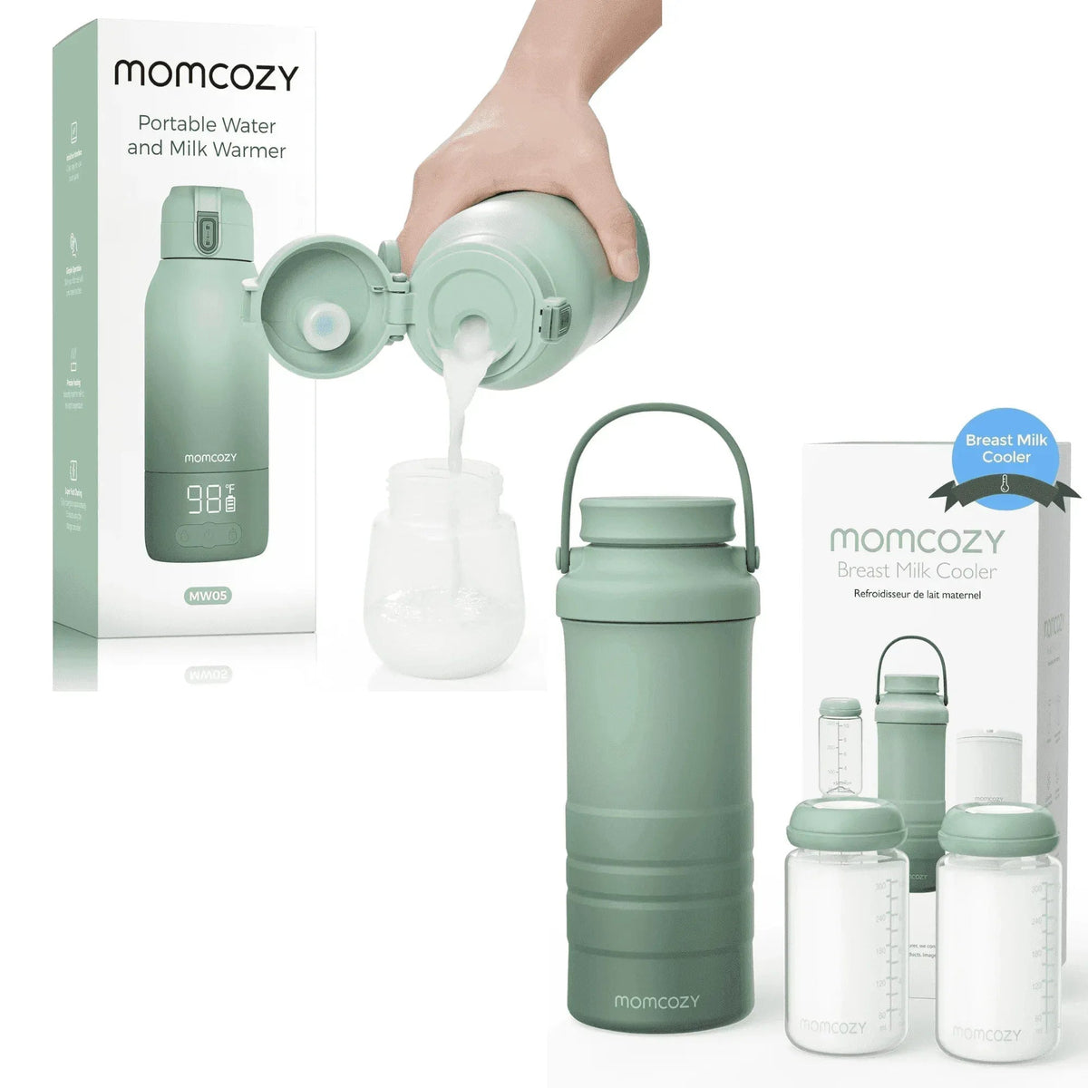 Momcozy Portable Milk Warmer for Travel – Dual Heating Modes for Breast Milk and Momcozy Portable Bottle Brush Set - Baby Bottle Cleaner Kit